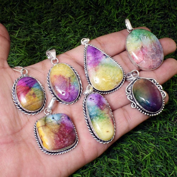 100% Natural Rainbow Druzy Gemstone Pendant Wholesale Lot Pendant Silver Plated Pendant Handmade Jewelry, Vintage Jewelry, Woman And Girl's