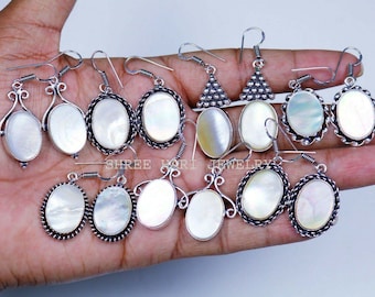 Orecchino di pietra preziosa madreperla bianca naturale, orecchino fatto a mano placcato argento, orecchino di design multiplo, per Gril's & Women