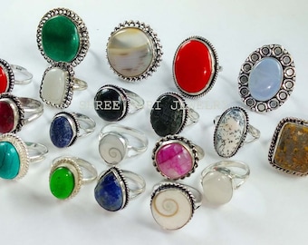 Natural Multi Color Moonstone, Labradorite, Tiger Eye, Agate and Jasper Mix Gemstone Rings,Silver Plated Wholsale Ring Lot for Men and Women