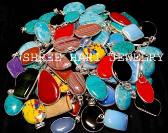 Multi Color Turquoise, Larimar, Onyx and Mix Gemstone Pendant, Silver Plated Handmade Pendant, Multiple Design Pendant for Men & Women