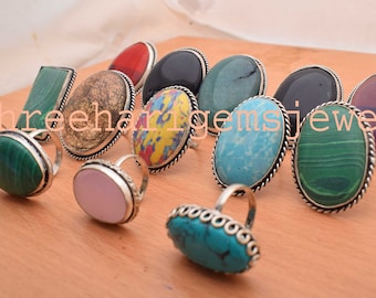 Natural Multi Color Larimar, Turquoise, Labradorite, Malachite, Coral, Mix Gemstone Rings,Silver Plated Wholsale Ring Lot for Men and Women