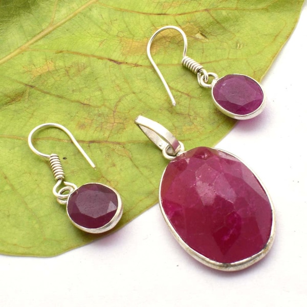 Ruby Gemstone Pendant and Earring, Silver Plated Handmade Gemstone Jewelry, Multiple Designe Pendant With Earring, for Gril's & Women