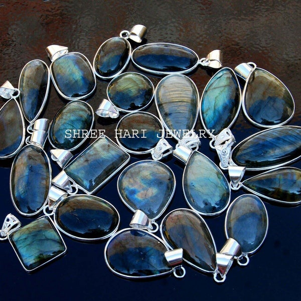 Natural Blue Fire Labradorite Gemstone Pendant, Silver Plated Handmade Pendant, Multiple Design Pendant, for Men & Women