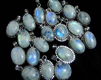 Natural Blue Fire Moonstone Gemstone Pendant, Silver Plated Handmade Pendant, Multiple Design Pendant, for Men & Women
