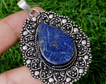 Natural Lapis Lazuli Mix Gemstone Pendant, silver plated pendant bohemian pendant dainty pendant, gift pendant Boho pendant Women's pendant