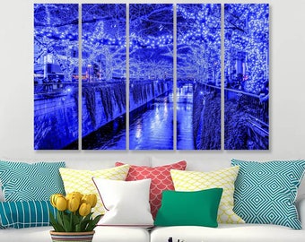 Blue lights Tokyo canvas print Office wall decor Japan wall art Blue lights art Extra Large wall art Tokyo night lights Urban cityscape