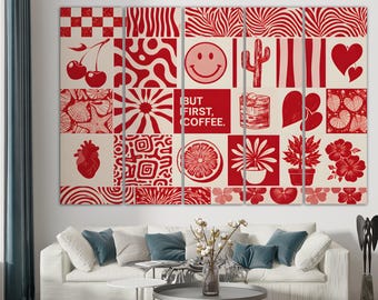 Röd popkonst-canvasväggkonst dopamindekor retro estetiskt tryck funky abstrakta symboler kaffecitat modern stor canvasuppsättning