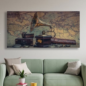 Grammophon Leinwand Retro Poster Cafe Dekor Grammophon Grammophon Plattenspieler Kunst Alte Weltkarte Vinyl Wandkunst