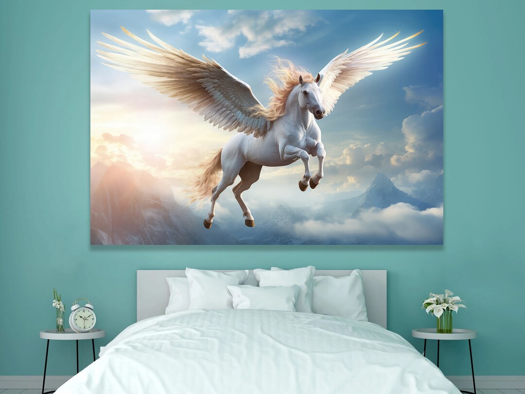 White Pegasus Framed Canvas Horse With Wings Flying Sky Clouds Fantasy ...