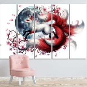 Kitsune Wall Art Print Fox Canvas Nine Tailed Japanese Fox Cherry Blossom Flowers Wall Decor Sakura Tree Printable White and Red Kids Gifts