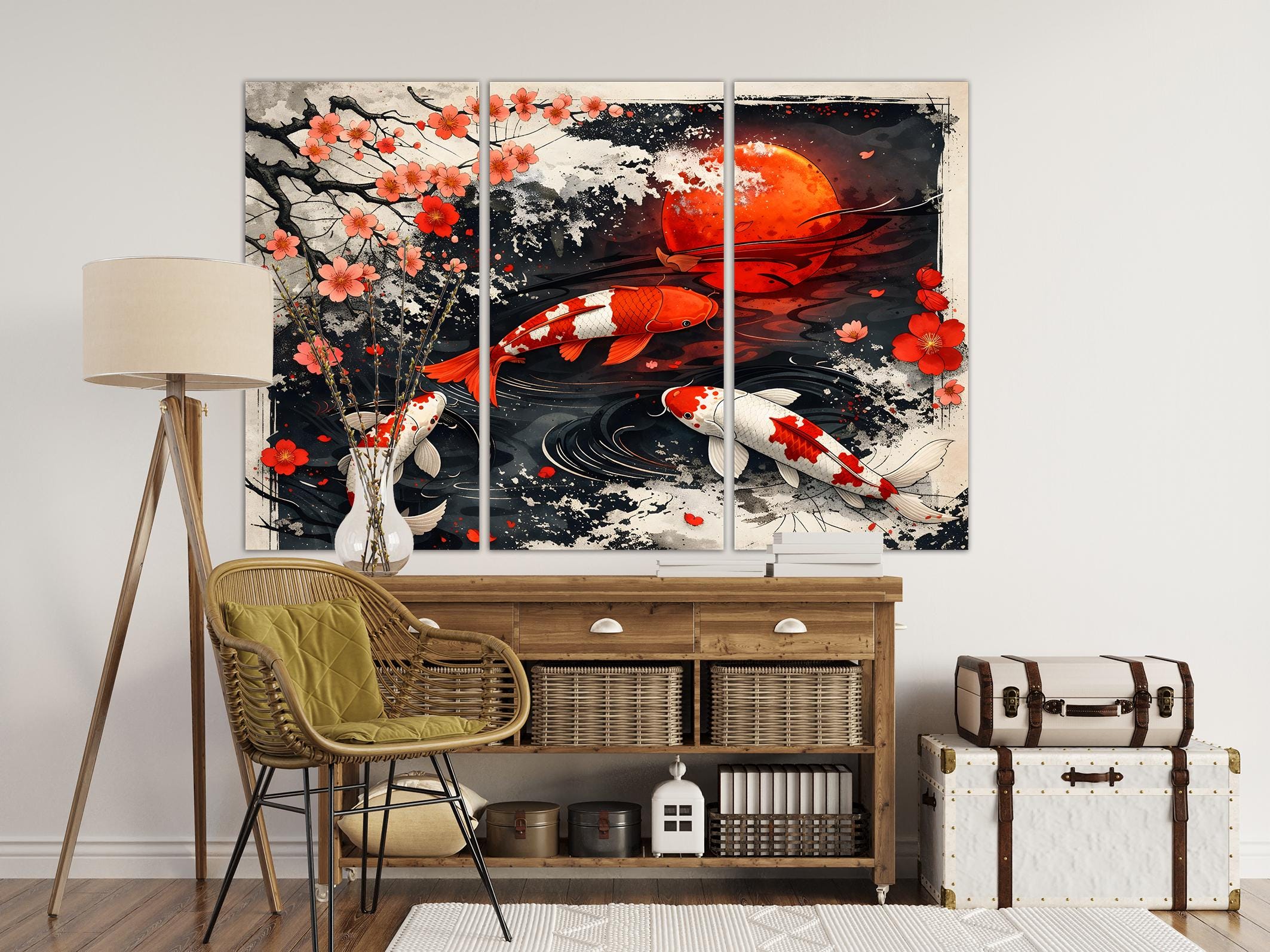 Japanese Koi Fish Canvas Wall Art Set, Red Moon Sakura Koi Painting ...