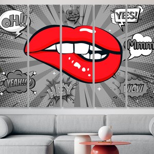 Pop Art Canvas Print Biting Her Red Lips Wall printing Bedroom Wall Decor Modern Art Large Size Canvas Print Pop Art Lips Gift Idea