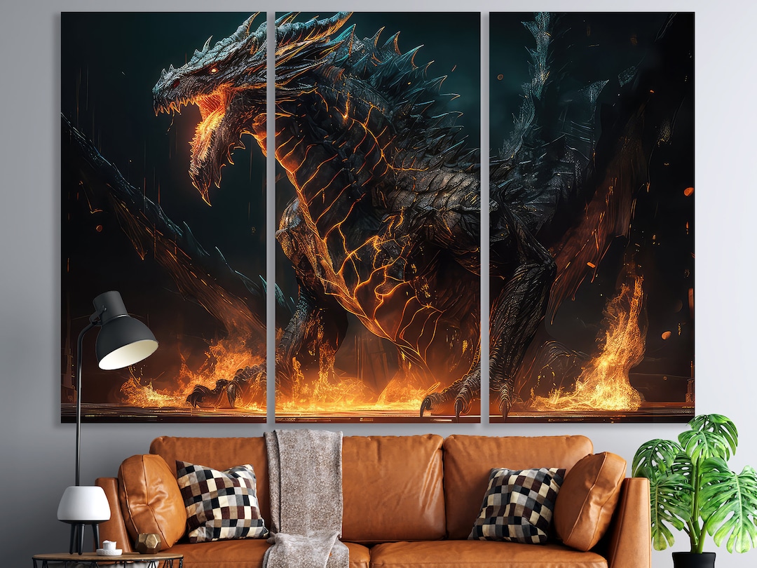Fire Breathing Black Dragon Canvas Art, Fantasy Gamer Wall Decor (multi ...