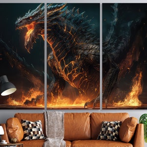 Fire Breathe Black Dragon Canvas Wall Art Decor Fantasy Dragon Print Canvas Fantasy Art Extra Large Canvas Gift Idea Gamer Dragons Canvas