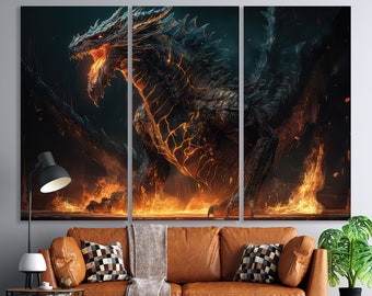 Fire Breathe Black Dragon Canvas Wall Art Decor Fantasy Dragon Print Canvas Fantasy Art Extra Large Canvas Gift Idea Gamer Dragons Canvas