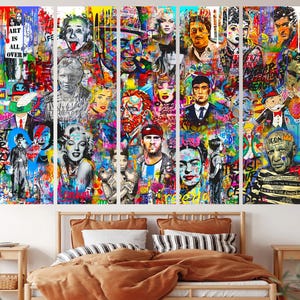 Toile pop art, art mural, peinture urbaine colorée avec personnages célèbres, décoration murale cool et moderne, salon, chambre d&#39;ado, studio, chambre, idée cadeau