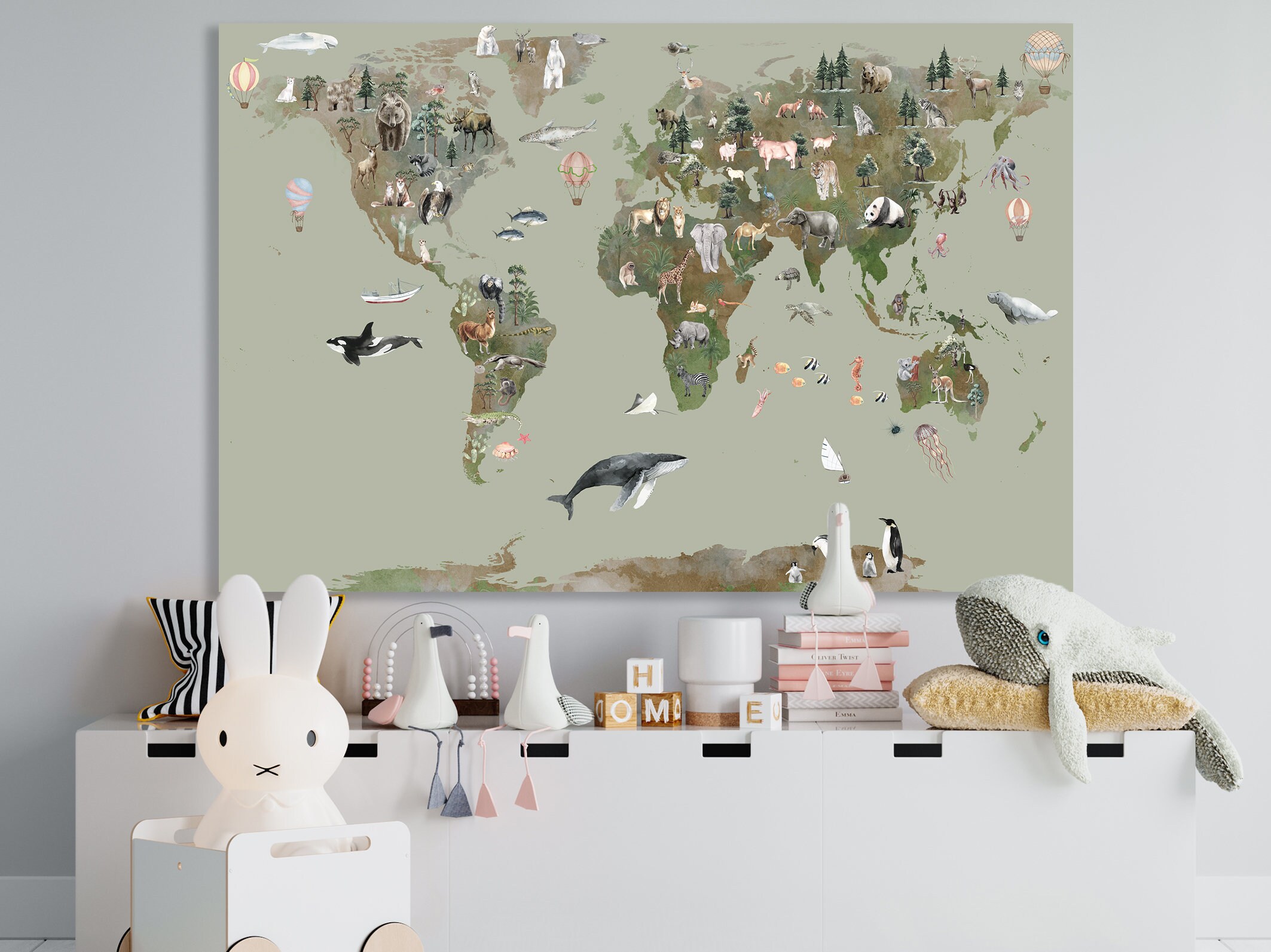 Nursery World Map Canvas Animal World Map Kids World Map Decor Large ...