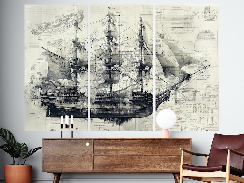 Vintage Ship Blueprint Canvas Print, Nautical Wall Art, Sailing Ship ...