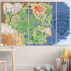 Toile de jeu Zelda, carte d'Hyrule, décoration murale du jeu vidéo, oeuvre d'art murale Zelda, Breath Of The Wild Legend of Zelda, toile extra large pour enfants