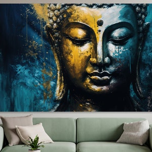 Buddha Canvas Print Buddhism Art Religious Canvas Abstract Statue Blue Yellow Spiritual Wall Decor Modern Art Extra Large wall art Gift Idea