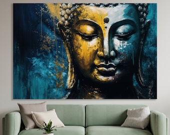 Buddha Canvas Print Buddhism Art Religious Canvas Abstract Statue Blue Yellow Spiritual Wall Decor Modern Art Extra Large wall art Gift Idea