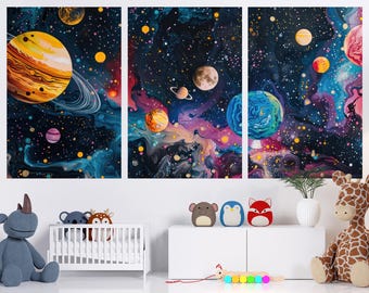 Vibrant Solar System Canvas Art: Colorful Galaxy Space Painting (Multi-Panel Set)