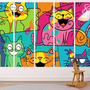 Lienzo con dibujos de gatos de colores para habitación infantil, alegre ilustración de gato feliz de estilo pop, decoración de pared para guardería y sala de juegos, regalo para niños.