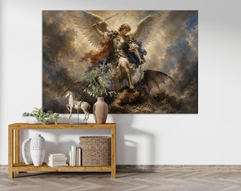 Saint Michael Canvas Wall Art, Archangel Michael Defeating Satan, Christian Canvas Print, Religious Wall Decor, Catholic Artwork