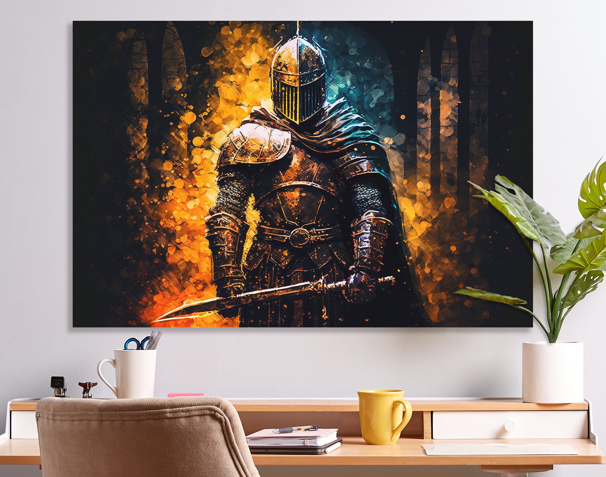 Medieval Knight Canvas Wall Art Dark Castle Fortress Decor Armored ...
