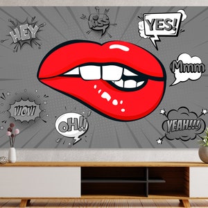 Pop Art Canvas Print Biting Her Red Lips Wall Art Decor printing Bedroom Wall Decor Modern Art Large Size Canvas Print Pop Art Lips