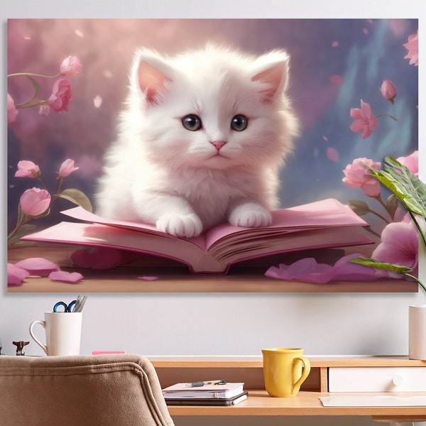 Niedliche Kätzchen Leinwand Abstrakte Weiße Kätzchen Halten Rosa Buch Wand Dekor Motivation Für Kinder Extra Große Größe Leinwand Kinder Wand Kunst Decor