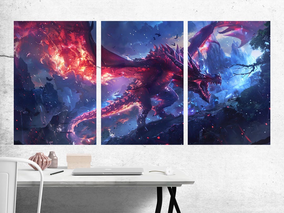 Epic Dragon Canvas Wall Art, Fire Breathing Fantasy Creature, Mythical ...