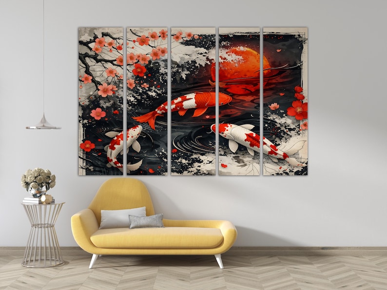 Japanese Koi Fish Canvas Wall Art Set, Red Moon Sakura Koi Painting ...
