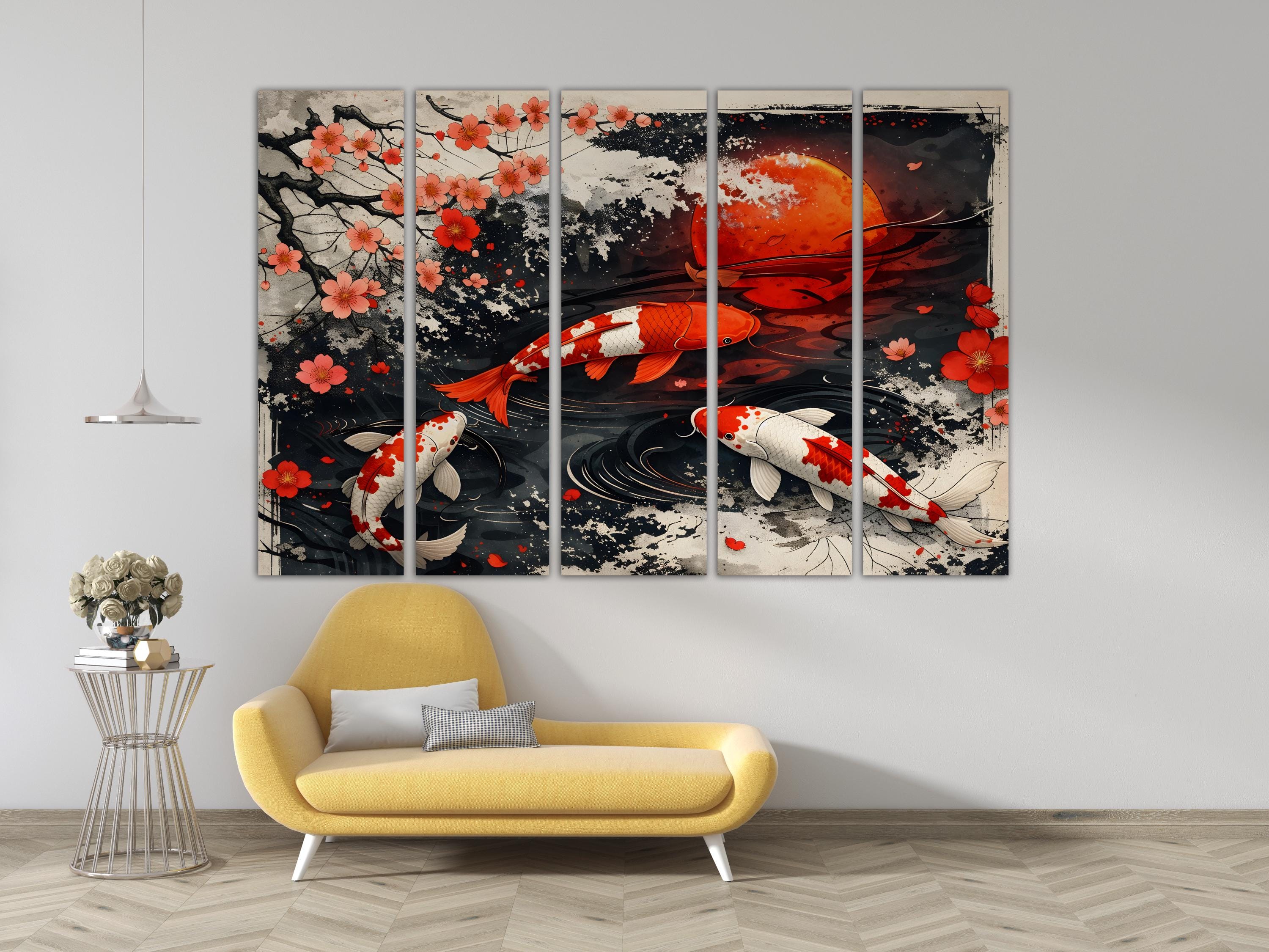 Japanese Koi Fish Canvas Wall Art Set, Red Moon Sakura Koi Painting ...