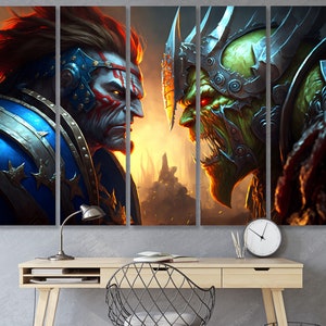 Battle Of Orcs And Paladins Canvas Print Confrontation Of The Warriors Orcs And Men Game Room Wall Art Digital Work Art Gift To The Gamer