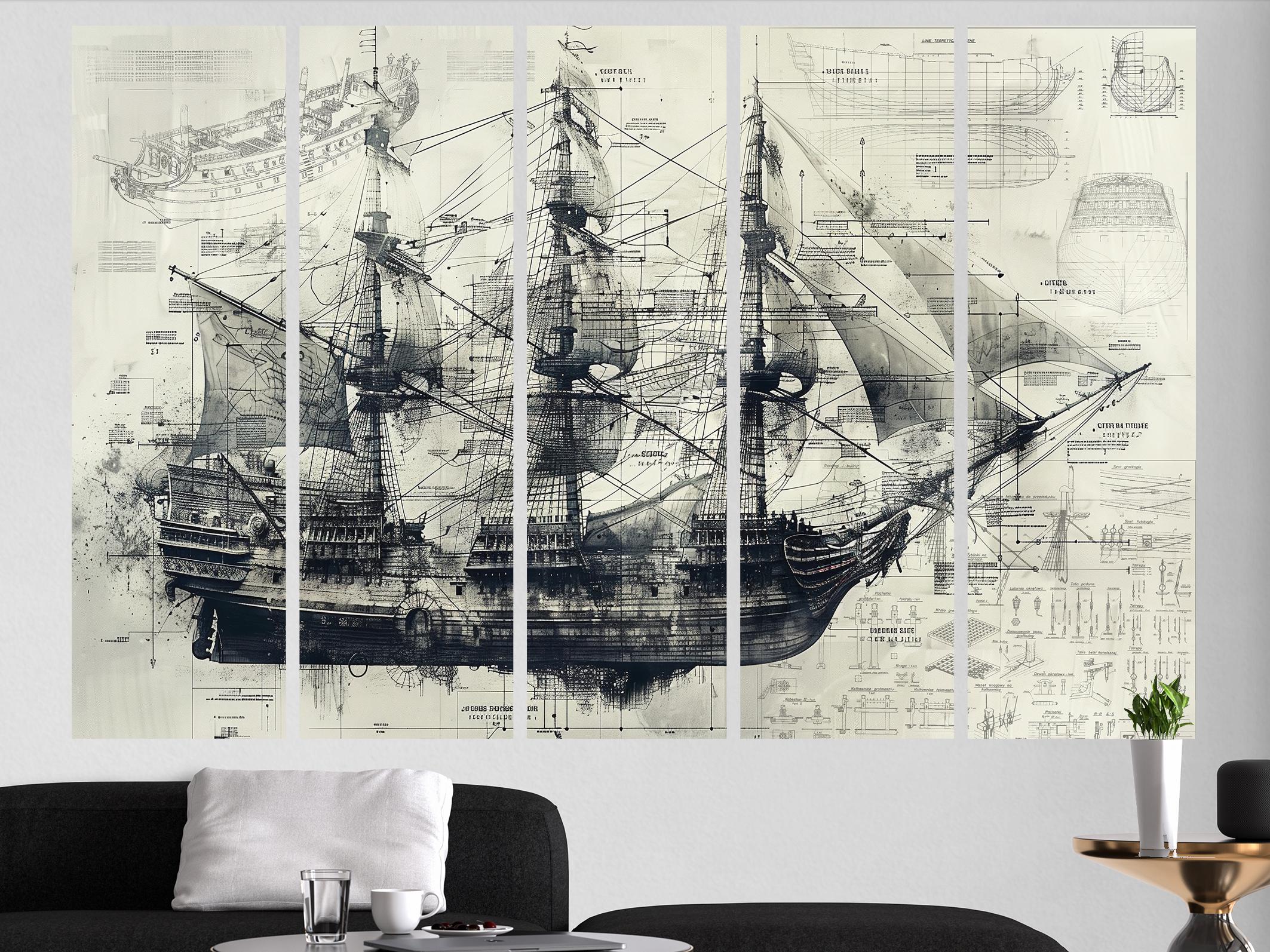 Vintage Ship Blueprint Canvas Print, Nautical Wall Art, Sailing Ship ...