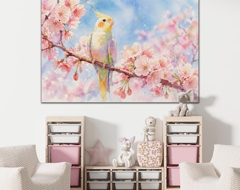 Cockatiel Bird Canvas Wall Art Cherry Blossom Painting Pastel Nursery Decor Spring Floral Parrot Artwork Kids Room Soft Aesthetic Print Gift