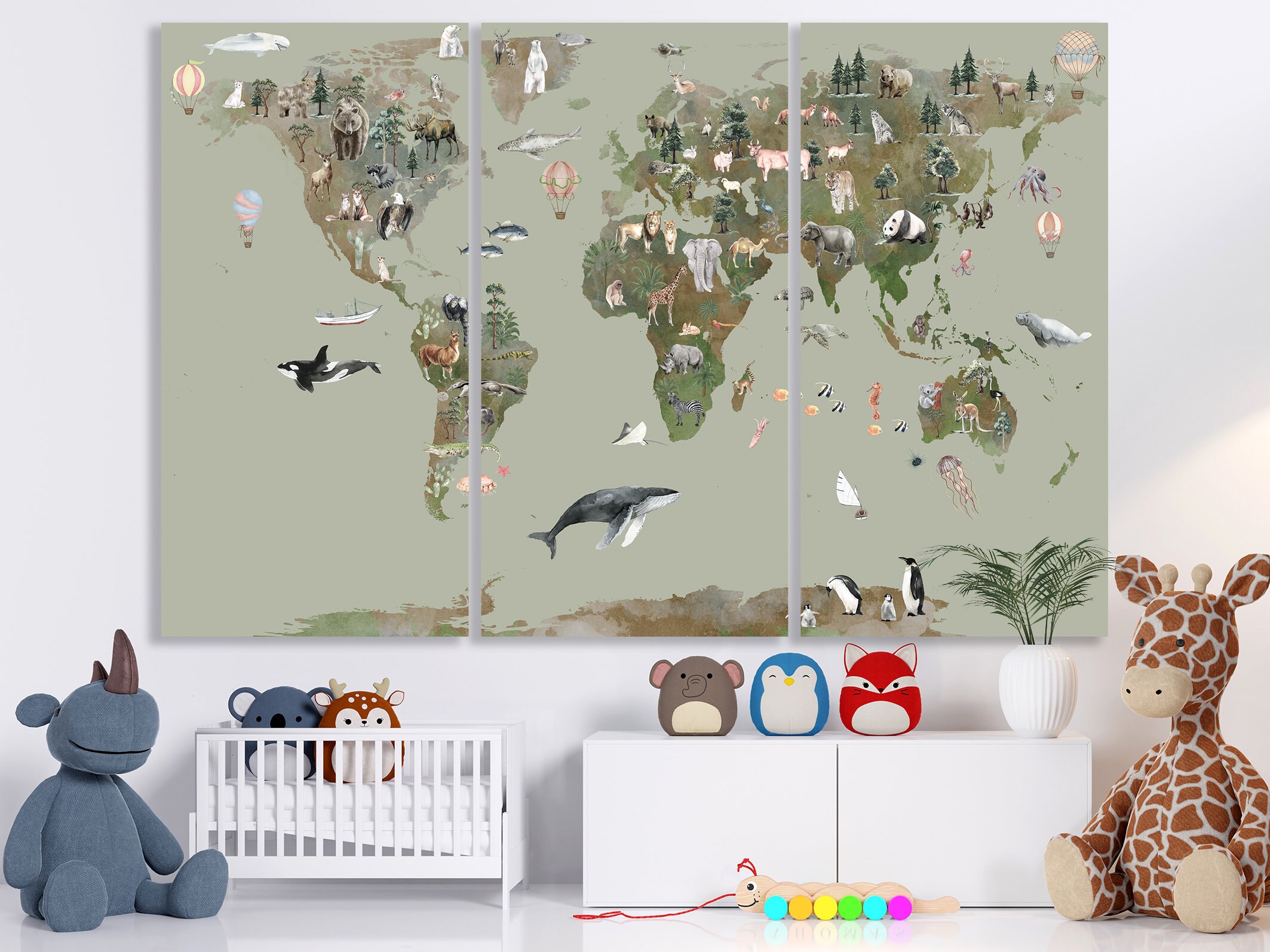 Nursery World Map Canvas Animal World Map Kids World Map Decor Large ...