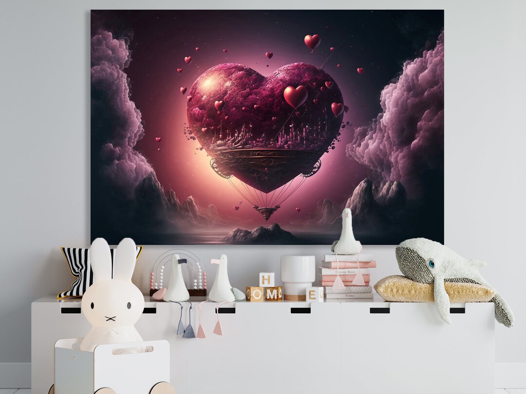 Pink Heart Canvas Wall Art Pink Heart in the Clouds Valentines Day