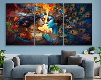 Heilige Krishna en Radha Canvas Hindoe Vaishnavite Traditie Wall Art Decor Abstract Print Extra Groot Religieus Canvas Hindoe Goddelijk Paar