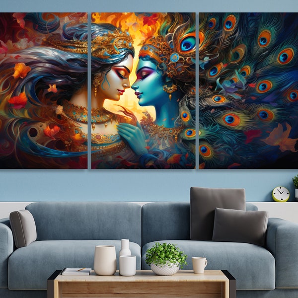 Heilige Krishna en Radha Canvas Hindoe Vaishnavite Traditie Wall Art Decor Abstract Print Extra Groot Religieus Canvas Hindoe Goddelijk Paar