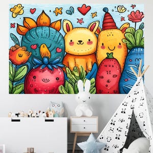 Lienzo con estampado de animales de dibujos animados, amigos, colorido arte de pared para niños, decoración de sala de juegos, guardería, ilustración divertida de conejito, oso y fresa