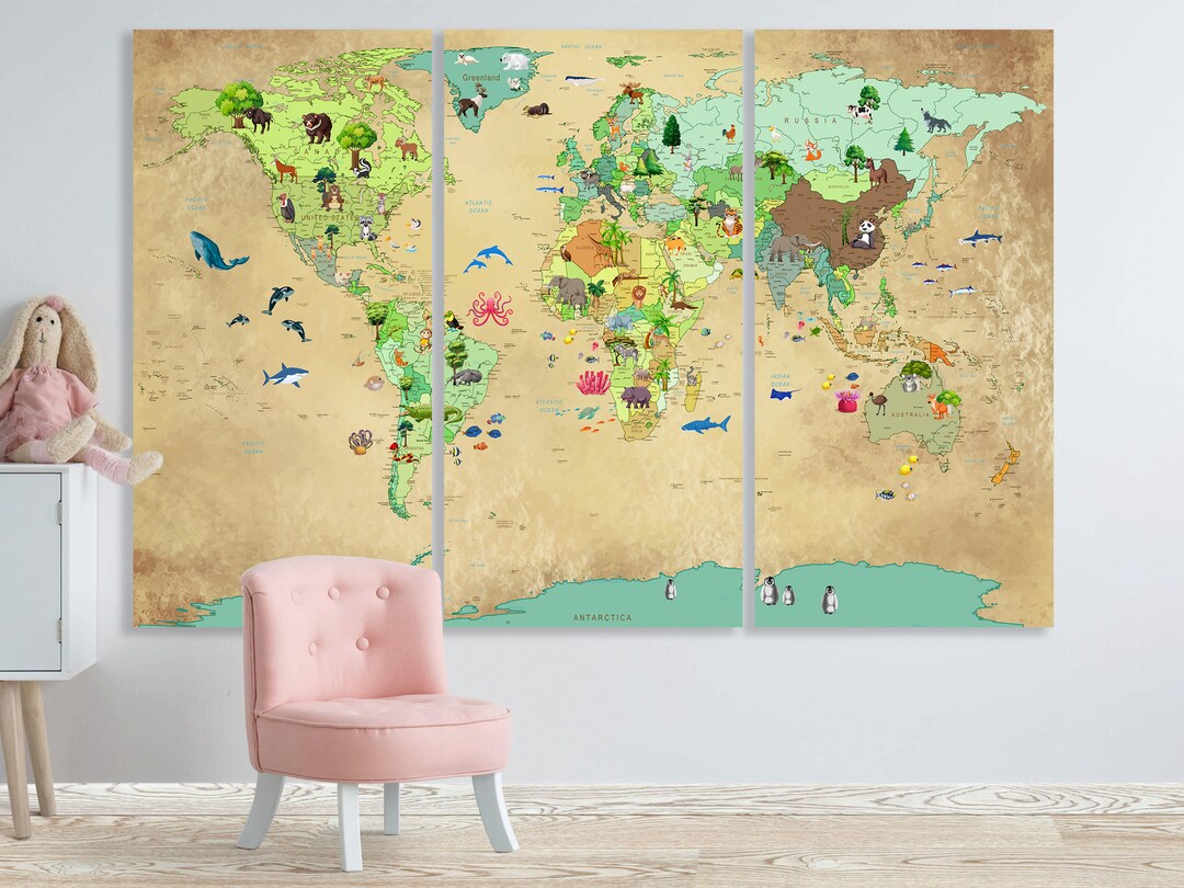 Nursery World Map Canvas Animal World Map Kids World Map Decor Large ...