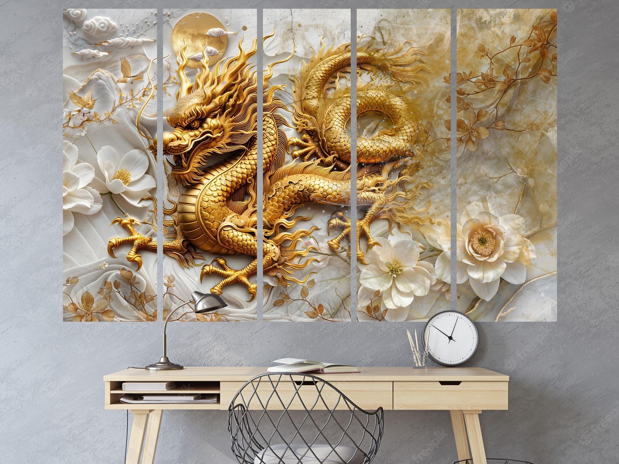 Golden Dragon Canvas Wall Art, 3D Fantasy Asian Style Decor - Etsy