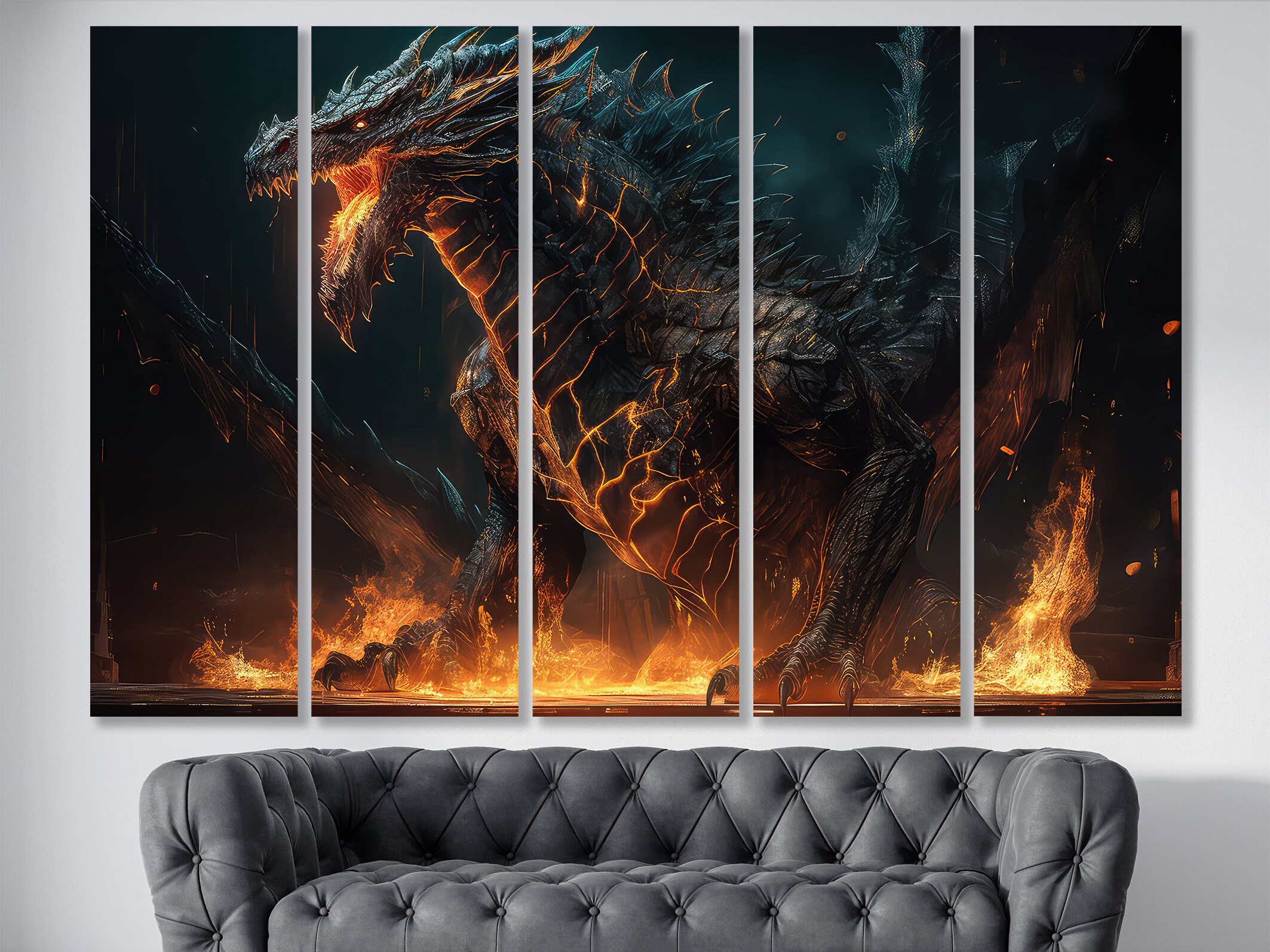 Fire Breathe Black Dragon Canvas Wall Art Decor Fantasy Dragon Print ...