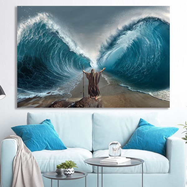 Moses Canvas Print Religious Art Moses Parted The Sea Canvas Christian Wall Decor Extra Large Modern Wall Art Canvas Ready to Hang Gift Idea