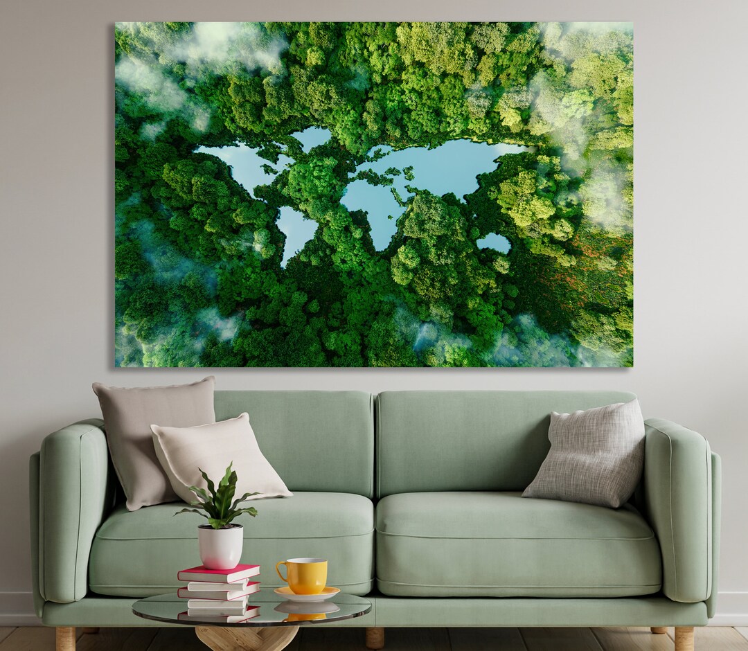 Forest World Map Canvas Lake in the Shape of A World Map Ecology Art