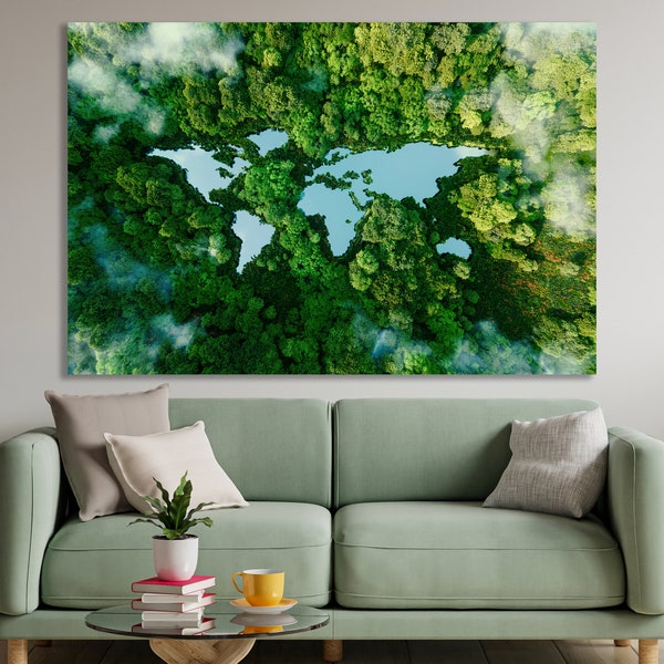 Bosque mapa del mundo lienzo lago en la forma de un mapa del mundo ecología arte naturaleza mapa del mundo lienzo gran viaje pared arte regalo idea oficina arte de la pared