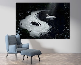 Black Swan and White Swan Wall Art, Dark Nature Canvas Print, Swan Lake Artwork, Black and White Bird Decor, Elegant Bedroom Art