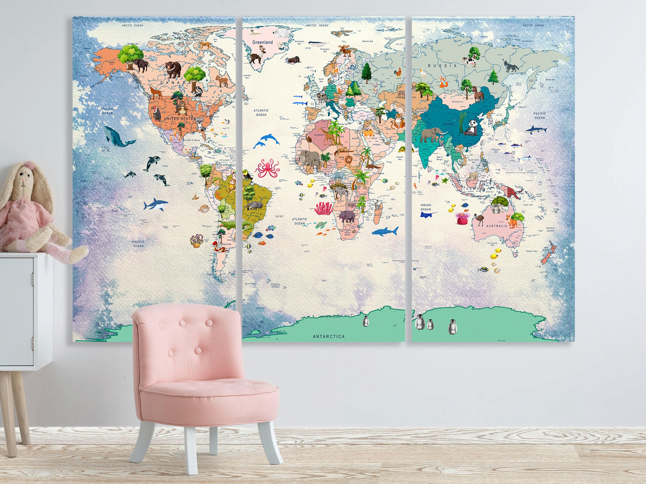 Nursery World Map Canvas Animal World Map Kids World Map Decor Large ...